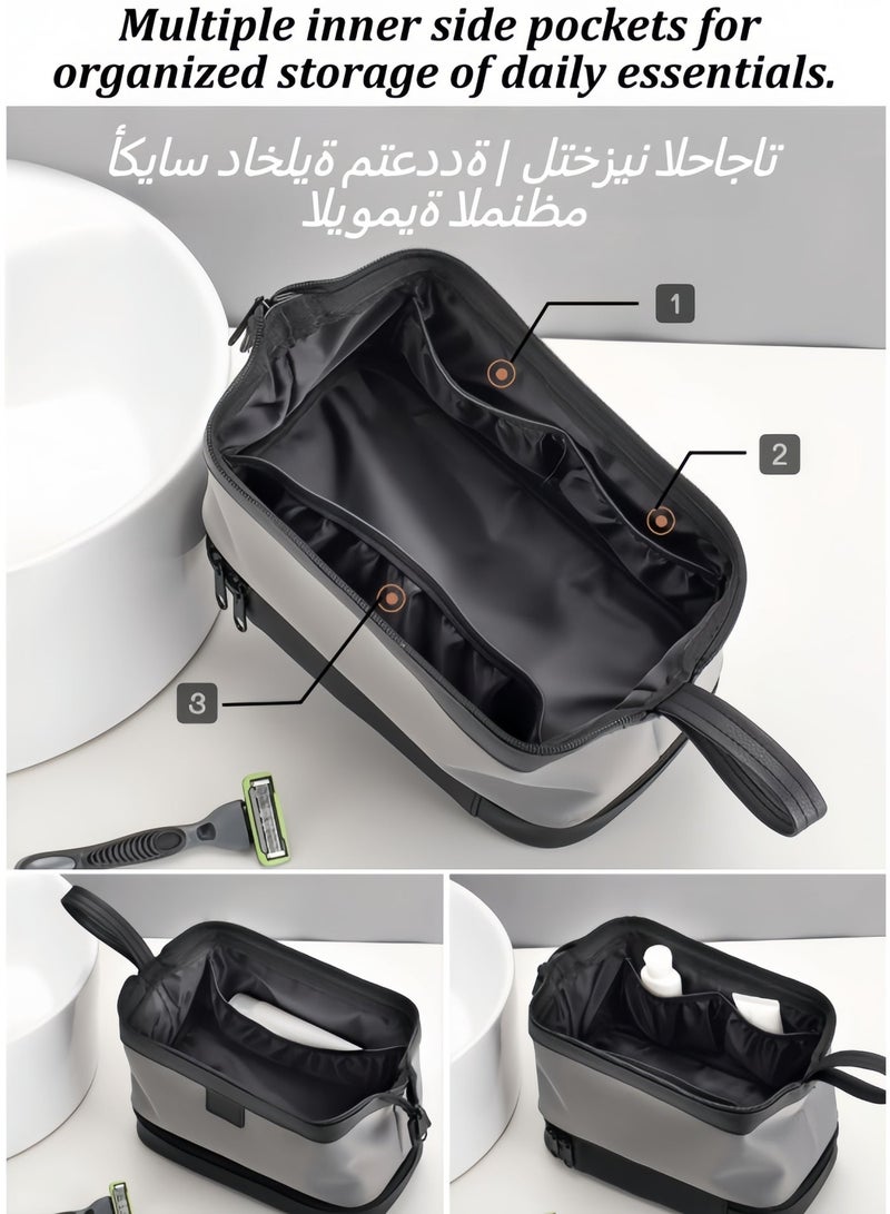 حقيبة أدوات الزينة للسفر للرجال، طقم أدوات الزينة التجارية مزدوج الطبقات، منظم أدوات الزينة من قماش أكسفورد الفاخر بسعة كبيرة (رمادي-أسود) (26 × 15 × 16 سم) - Image 3